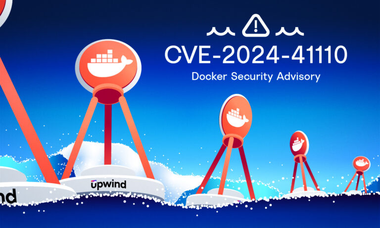 Illustration depicting a Docker security advisory marked as CVE-2024-41110. Several buoy-like structures with the Docker logo float on a blue ocean. There are waves and a warning sign above the text.