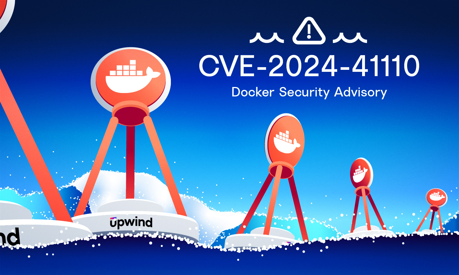 Illustration depicting a Docker security advisory marked as CVE-2024-41110. Several buoy-like structures with the Docker logo float on a blue ocean. There are waves and a warning sign above the text.