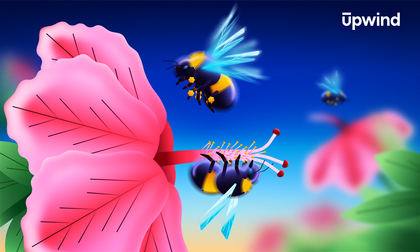 A vibrant illustration depicting two bees with blue wings and yellow-black stripes near a large pink flower with green leaves. The background is a gradient of blue and pink, with upwind in white text in the upper right corner.