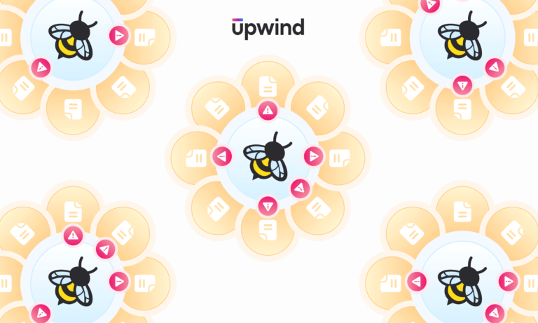 Illustration of bees on flowers with petal-shaped icons, representing various apps and notifications, surrounding each bee. The word upwind is at the top center. The design is repetitive, with five flowers spread across the image.