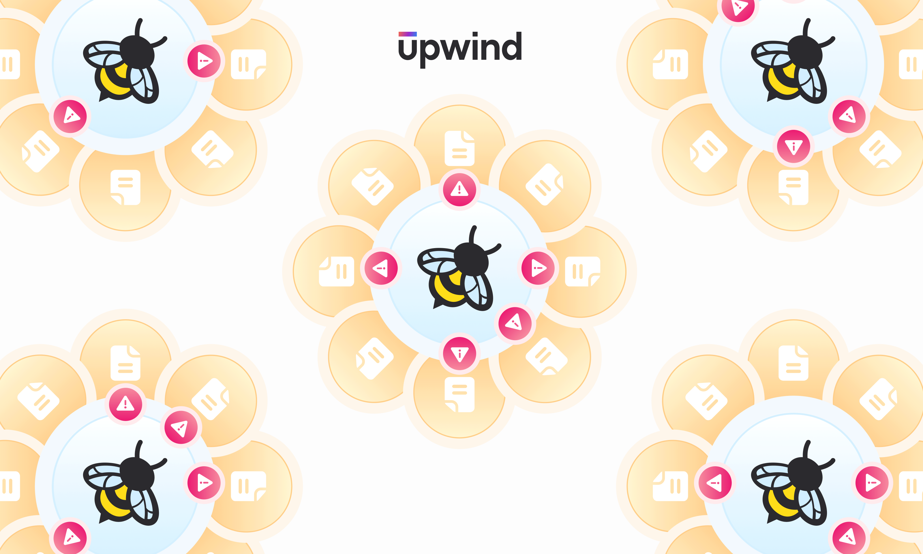 Illustration of bees on flowers with petal-shaped icons, representing various apps and notifications, surrounding each bee. The word upwind is at the top center. The design is repetitive, with five flowers spread across the image.