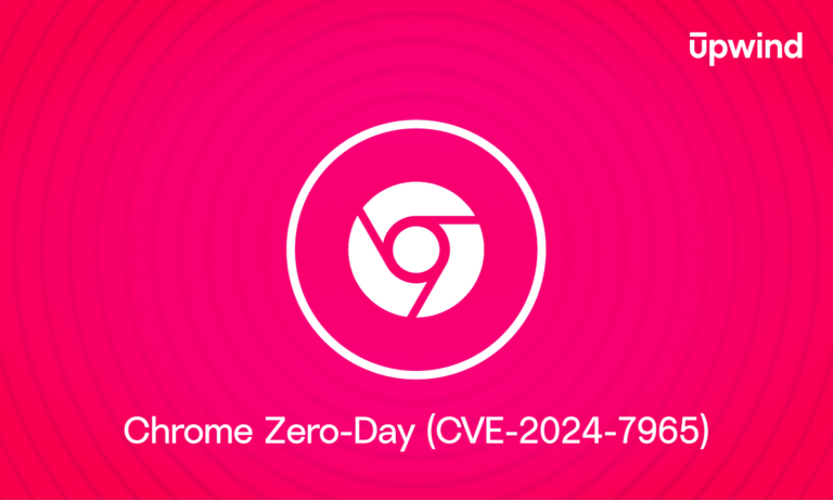 A vibrant red image with the Chrome browser logo in the center. Text at the bottom reads Chrome Zero-Day (CVE-2024-7965) and Upwind in the top right corner.