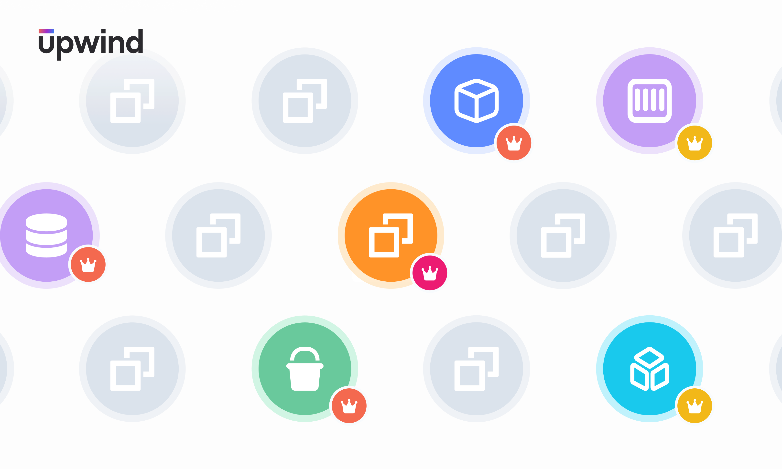 A collage of colorful icons depicting locked items and cubes with crown symbols, set against a light gray background. The design includes icons in blue, orange, purple, green, and outlined cubes in circles, with the upwind logo in the top left corner.