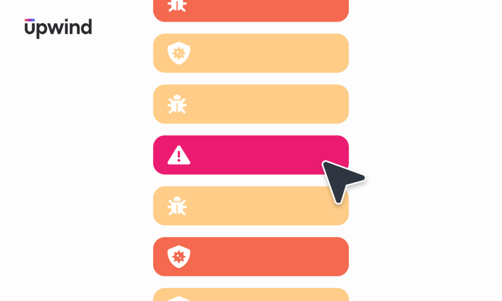 A vertical list of colored bars with icons. The top bar is orange with a gear and shield. The sixth bar is pink with a warning icon, highlighted by a mouse cursor. The logo upwind is in the top left corner.