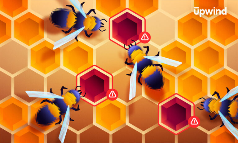 Illustration of bees on a vibrant honeycomb pattern. Some cells are highlighted in red with alert symbols, suggesting danger or anomaly. The Upwind logo is visible in the top right corner.