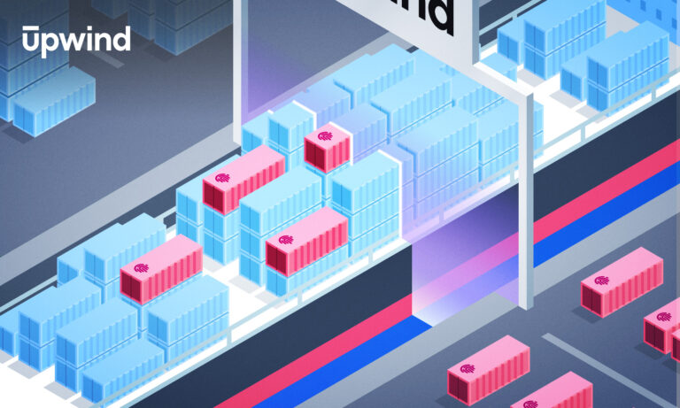 Illustration of a cargo dock with stacks of blue and pink shipping containers, some bearing the logo Upwind. The scene includes overhead structures and rows of containers along a dock under bright lighting.