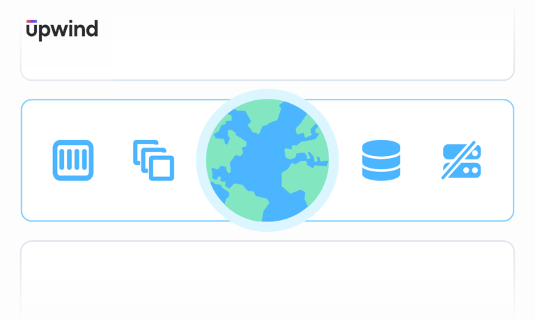 A central globe surrounded by four blue icons: a barcode, overlapping papers, a database cylinder, and a prohibited sign. The logo upwind is in the top-left corner. The design is set against a light background.