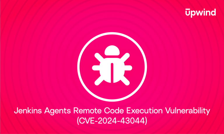 A pink background with a white bug icon in the center, symbolizing a vulnerability. Text below reads: Jenkins Agents Remote Code Execution Vulnerability (CVE-2024-43044). The word Upwind is in the top right corner.