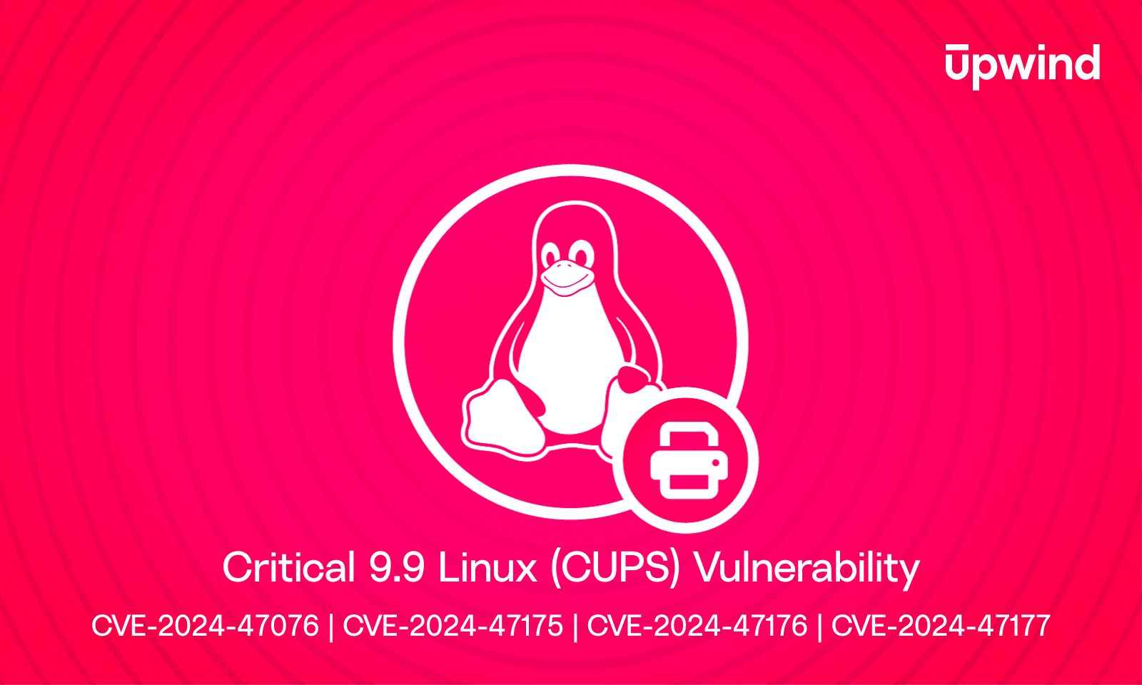 A stylized image with a pink background features a penguin inside a circle, symbolizing Linux. Next to it is a printer icon. Text reads Critical 9.9 Linux (CUPS) Vulnerability followed by CVE identifiers. The top right corner has the Upwind logo.