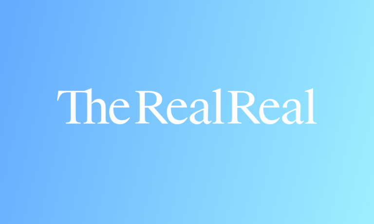 Logo of The RealReal in elegant white font centered on a gradient background transitioning from light blue to a slightly darker blue.