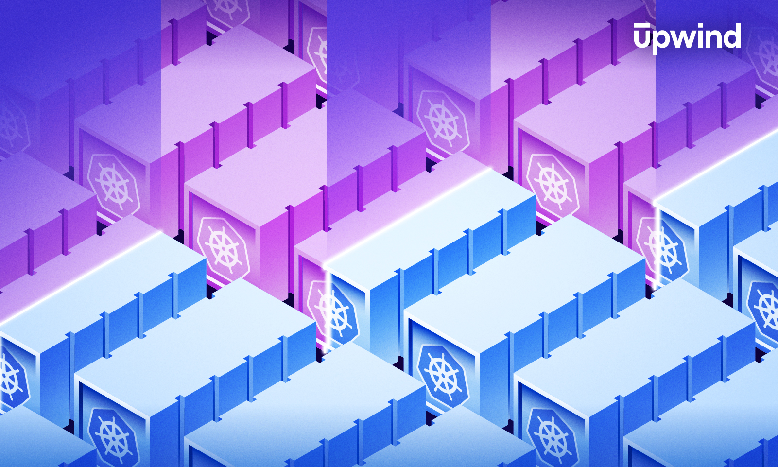 Illustration of interconnected blue and purple servers with Kubernetes logos, creating a grid pattern. The background has a gradient from darker blue to purple. The word Upwind is visible in the top right corner.
