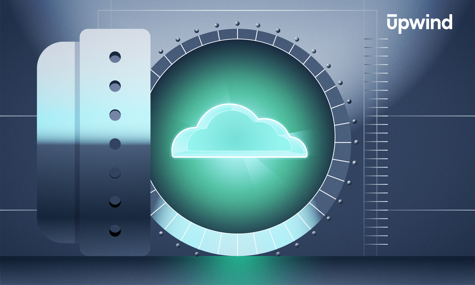 Futuristic graphic featuring a glowing cloud icon at the center of a circular dial with measurement markings. The background has a gradient of blue and gray tones, with the word Upwind in the top right corner.