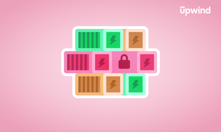 Illustration of various colored blocks with symbols, like lightning bolts and a padlock, arranged in a grid on a pink background. "What Is Container Runtime Security?" is subtly inscribed near the word Upwind in the top right corner.
