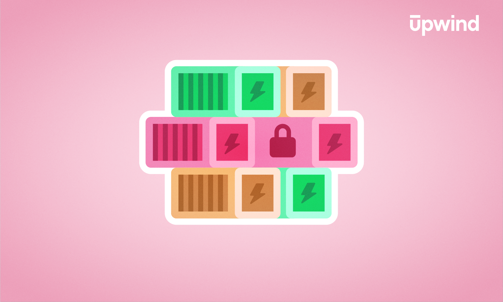 Illustration of various colored blocks with symbols, like lightning bolts and a padlock, arranged in a grid on a pink background. "What Is Container Runtime Security?" is subtly inscribed near the word Upwind in the top right corner.