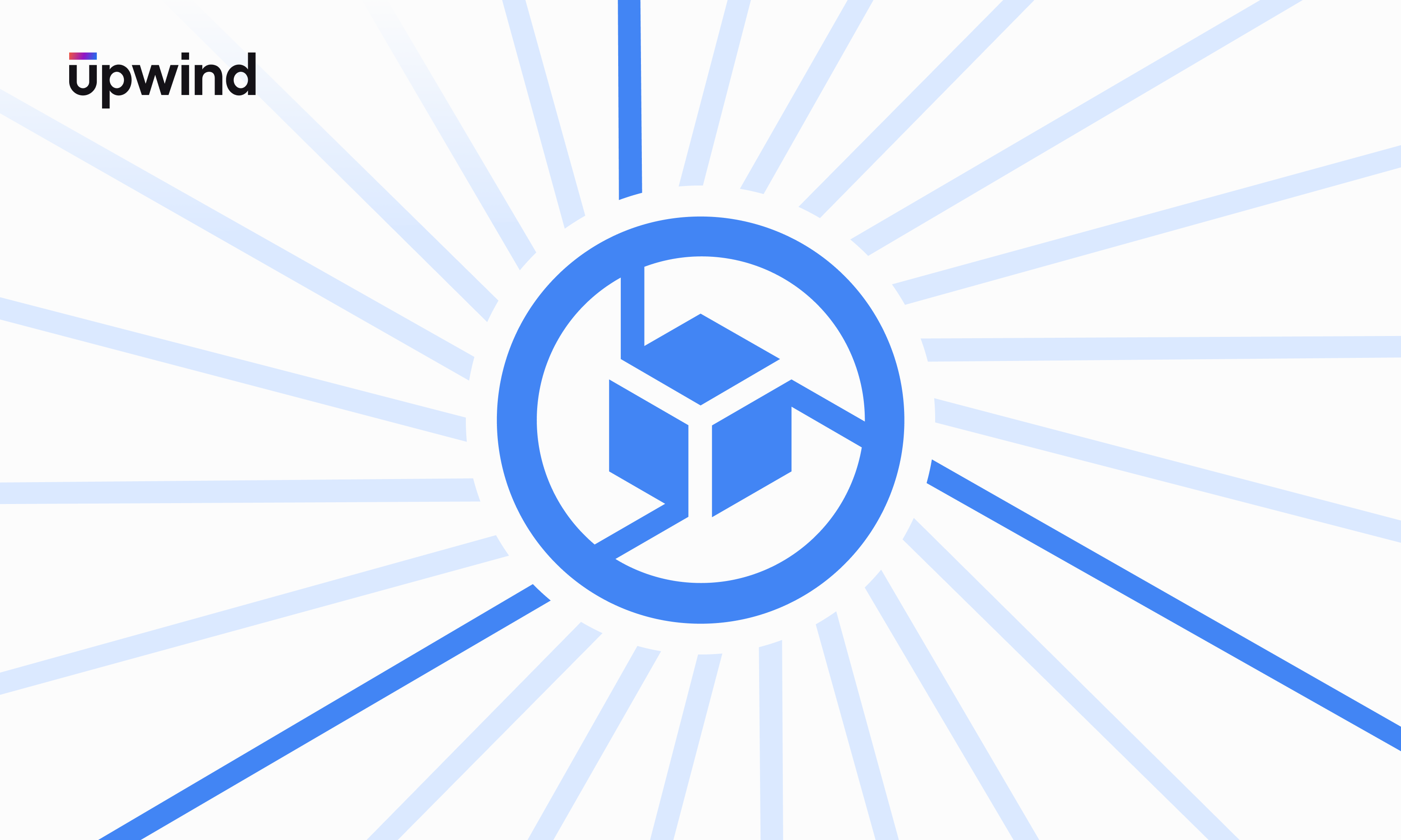 A blue and white graphic with a circular design in the center, featuring three interlocking geometric shapes. Lines radiate outward from the circle. The word upwind is in the top left corner.