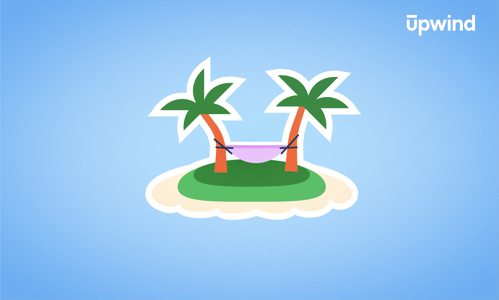Illustration of a small island featuring two palm trees supporting a purple hammock. The background is light blue, with the phrase "What is Hybrid Cloud Security?" subtly integrated into the top right corner, inviting you to relax while pondering modern digital safety.