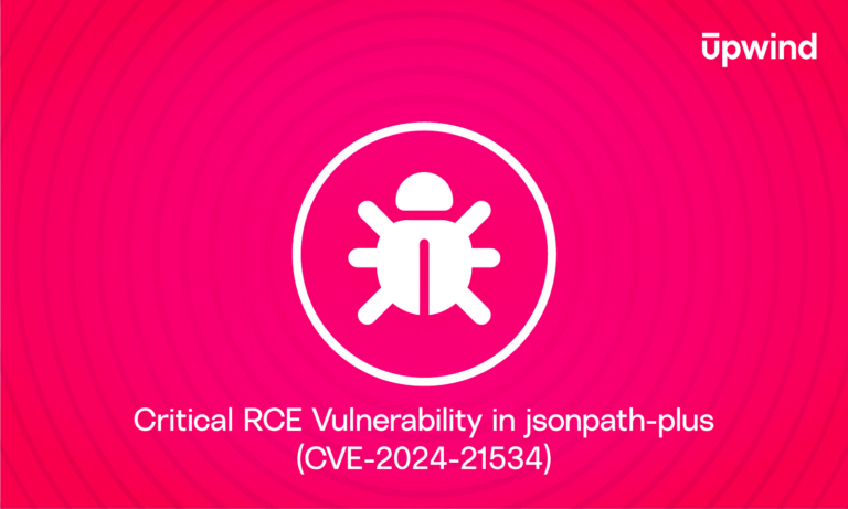 A pink background with concentric circles features a white bug icon in a circle and text below reading Critical RCE Vulnerability in jsonpath-plus (CVE-2024-21534). The word upwind appears in the top right corner.