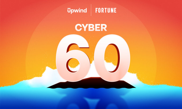 Vibrant illustration with a sunset backdrop shows CYBER 60 in large, bold text. The words upwind and FORTUNE are displayed at the top. Waves surround the numbers, suggesting an island setting.