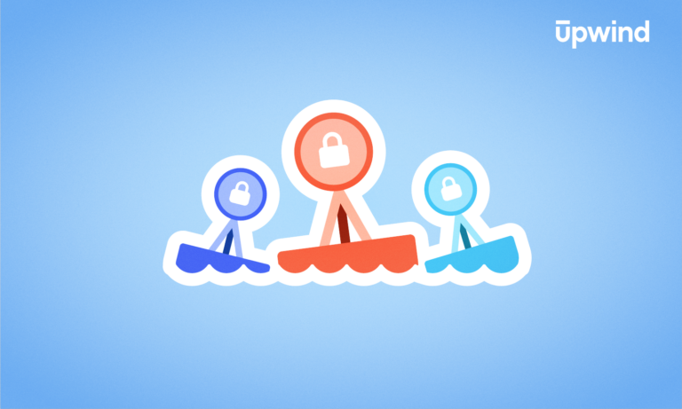 Illustration of three sailboats on water, with a central red one and two blue ones flanking it, each bearing a lock symbol. The light blue background complements the word "upwind" in the top right corner. It's a visual metaphor akin to asking, "What is a Cloud Workload Protection Platform (CWPP)?