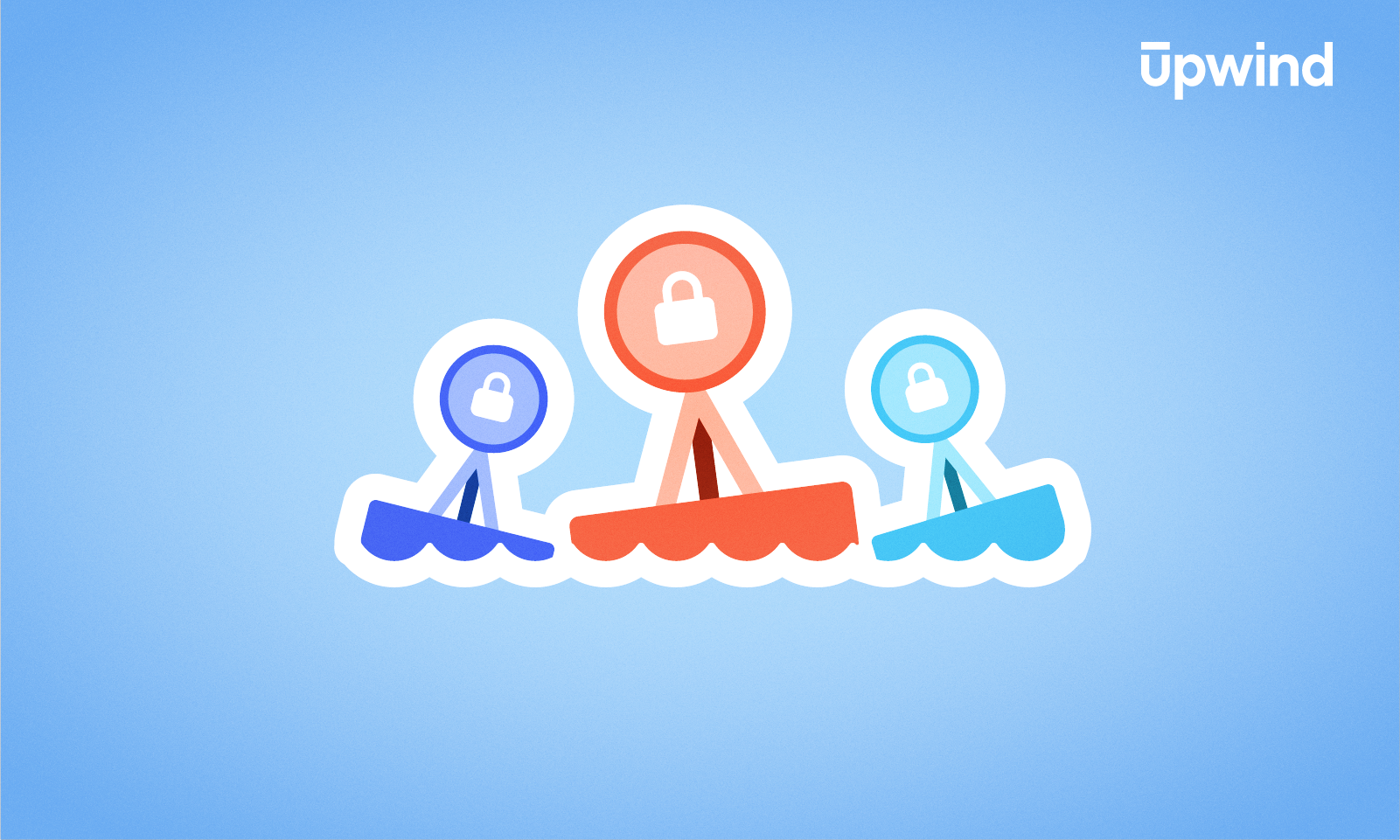 Illustration of three sailboats on water, with a central red one and two blue ones flanking it, each bearing a lock symbol. The light blue background complements the word "upwind" in the top right corner. It's a visual metaphor akin to asking, "What is a Cloud Workload Protection Platform (CWPP)?