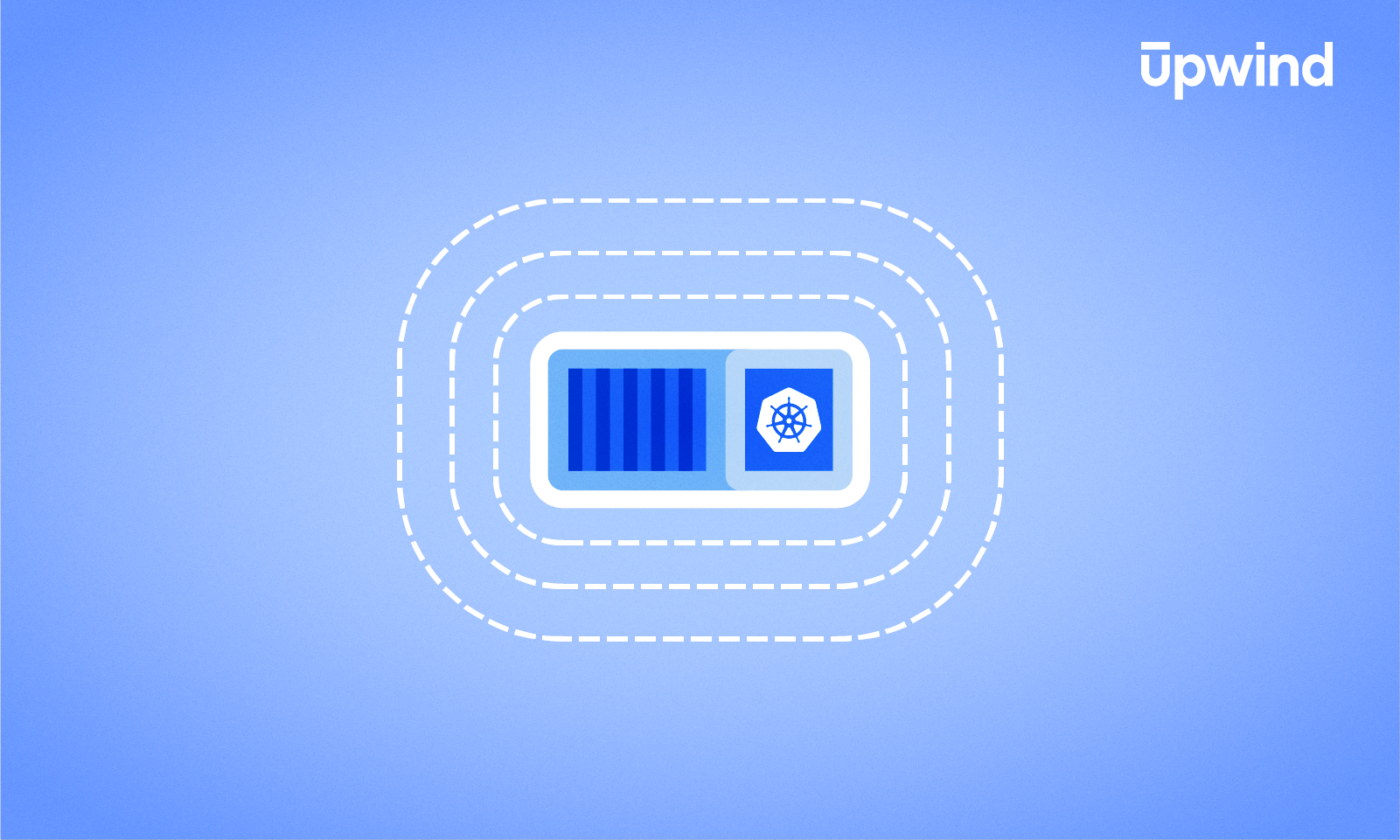 Illustration of a blue shipping container with a Kubernetes logo, encircled by dashed lines, set against a light blue backdrop. The phrase "What is KaaS?" floats in the top right corner with the word "upwind" subtly integrated nearby.