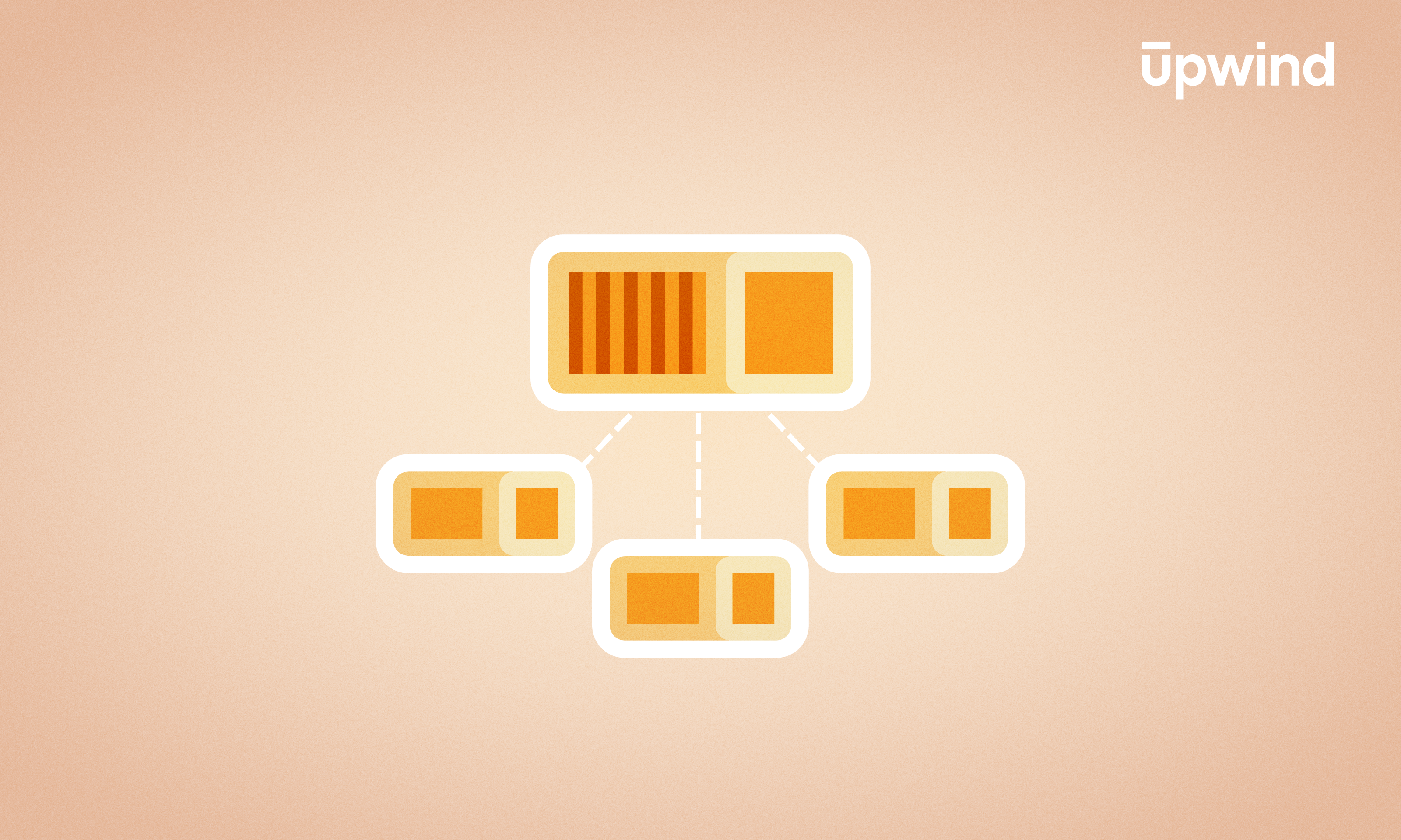 Diagram illustrating a central organized structure with one large and one small orange box, akin to AWS Fargate's efficient orchestration. Dotted lines connect three smaller units, each having two boxes. The Upwind logo is in the top right corner against a peach background.