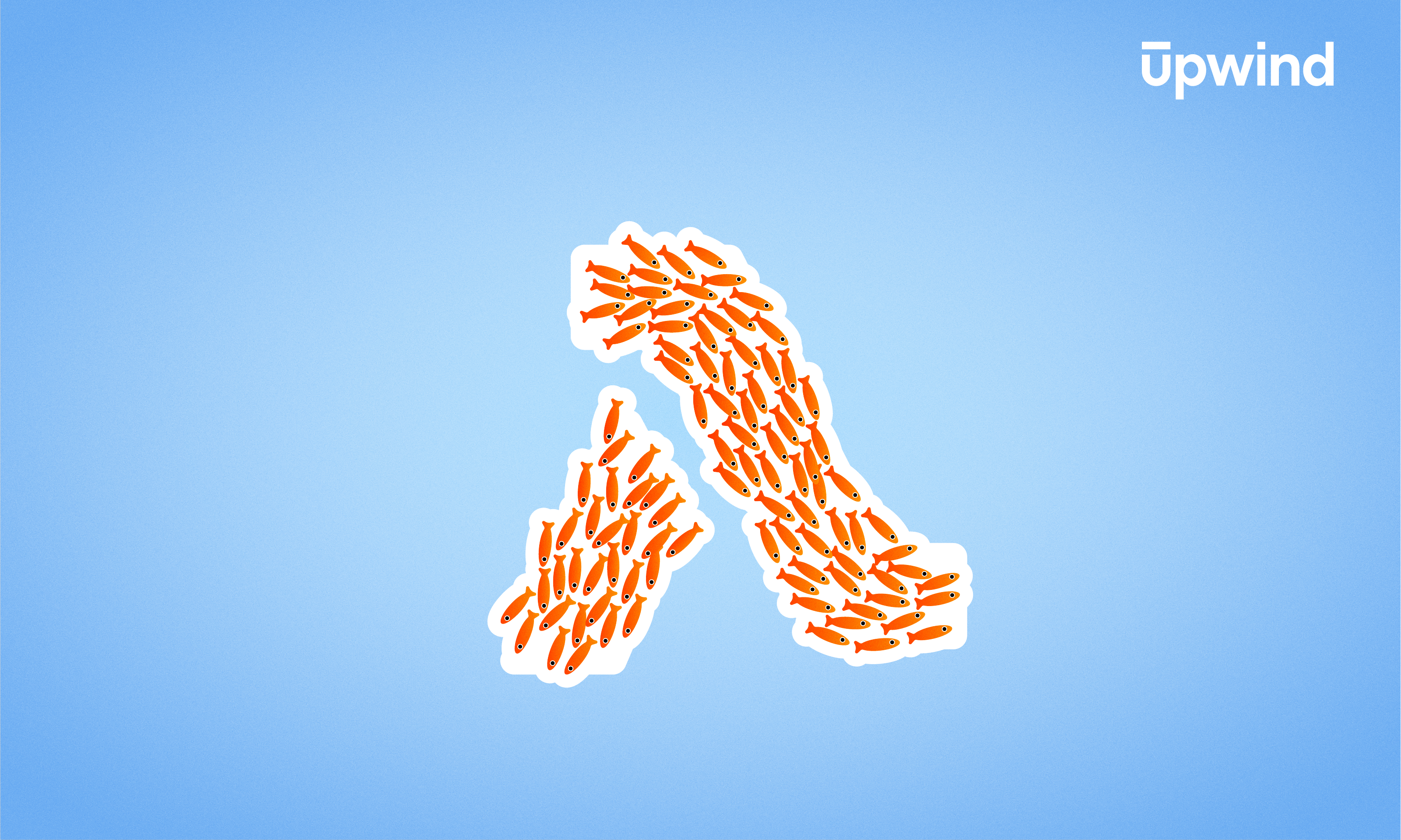 The image features an orange lambda symbol crafted from carrot illustrations against a light blue backdrop. In the top right corner, the word "upwind" appears, subtly hinting at concepts like "What is AWS Lambda Security?" through its artistic design.