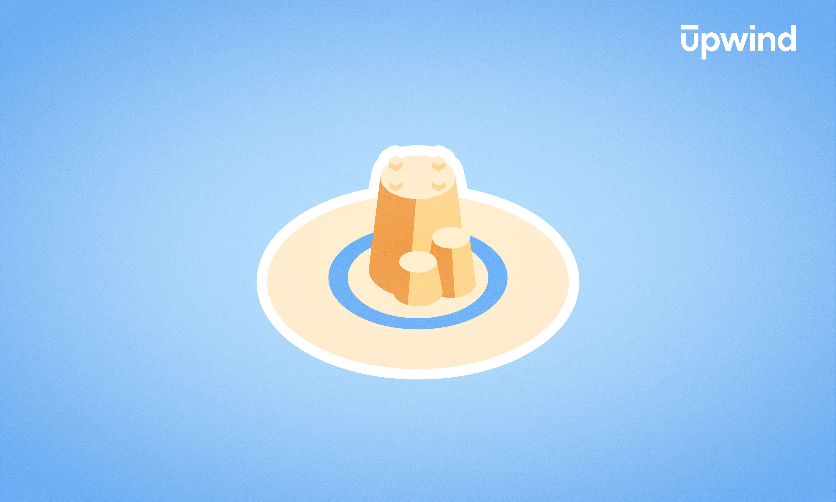 A minimalist illustration showcases a volcano with a smiling face, surrounded by water against a plain blue backdrop. The word "Upwind" is elegantly positioned in the top right corner, subtly hinting at inquiries like "What is Cloud Infrastructure Security?