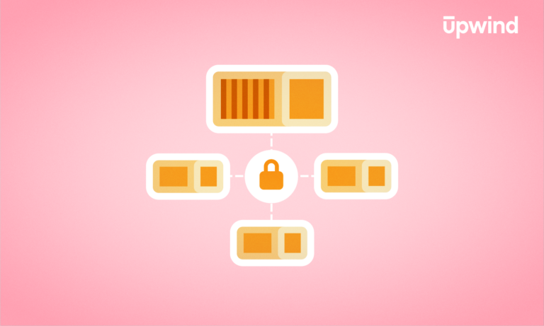 A diagram on a pink background features a central padlock icon linked to four rectangular elements, suggesting a secure system. The word Upwind is in the top right corner, subtly hinting at AWS Fargate security explained through its design.