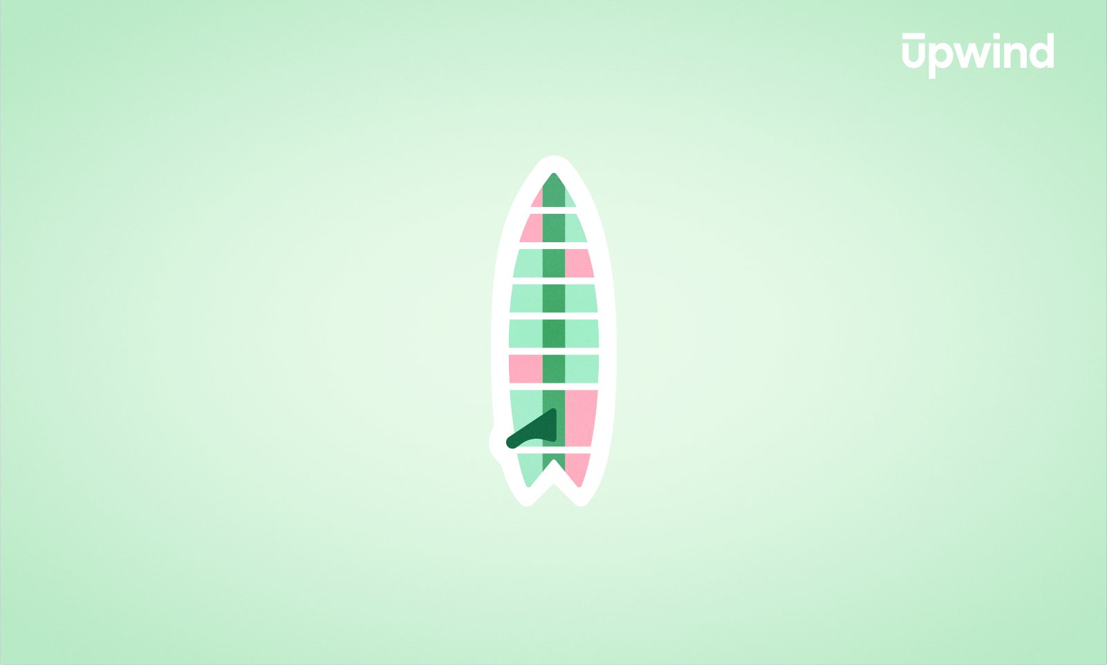 Illustration of a stylized surfboard with pink and green sections on a light green background, reminiscent of how a detailed Software Bill of Material (SBOM) might map out components. The word upwind appears in the top right corner in white text.
