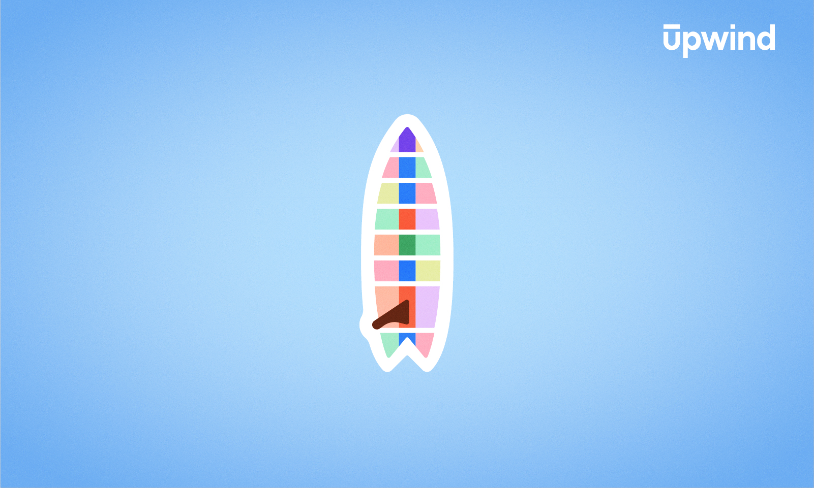 An illustration of a colorful surfboard with geometric patterns on a blue background. The word "upwind" floats in the top right corner, reminiscent of open-source creativity.