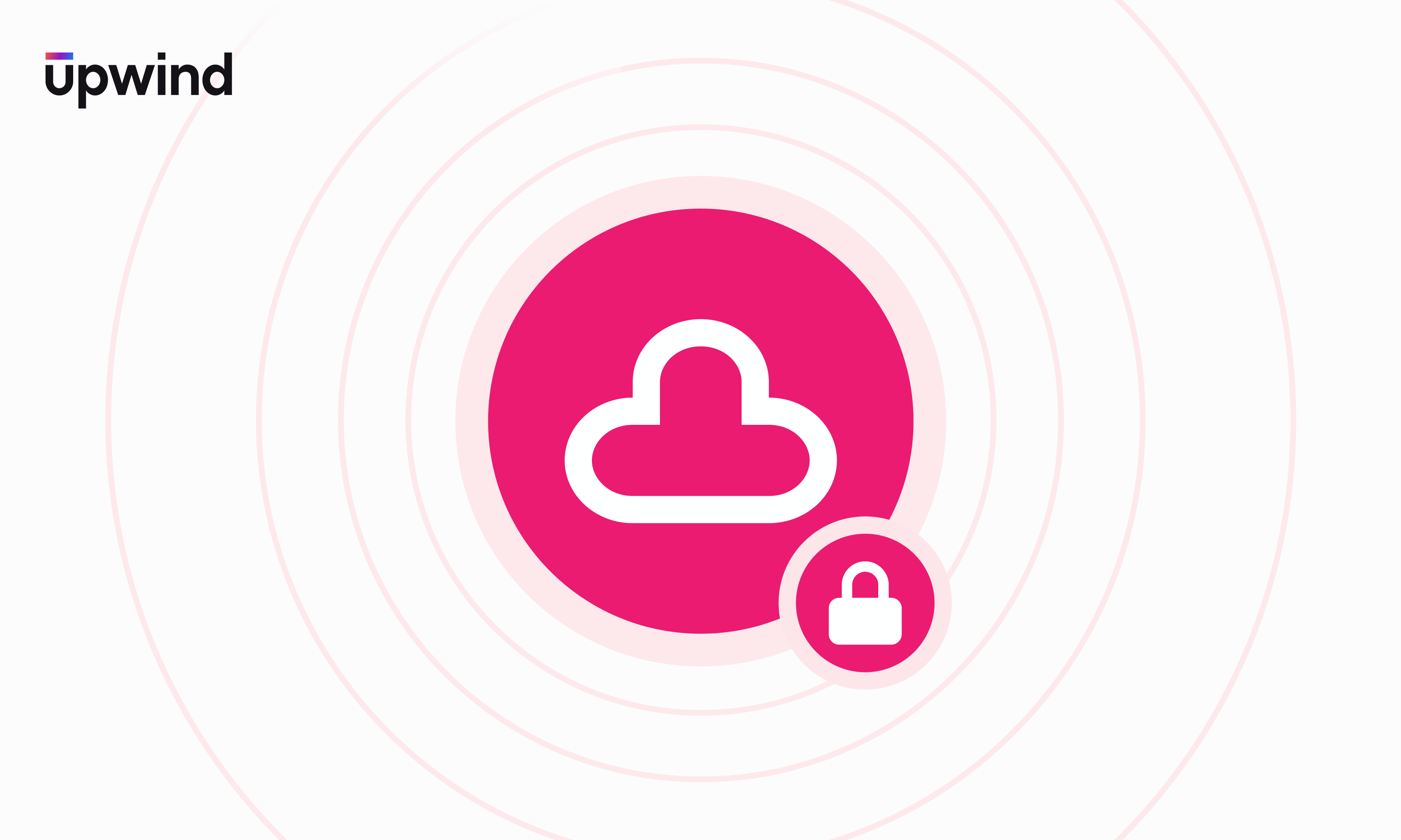 A pink cloud icon with a lock symbol in a smaller circle on a white background, surrounded by concentric circles. The word upwind is in the top left corner.