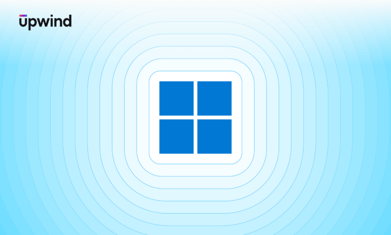 A blue square window icon with four panes is centered against a light blue gradient background with concentric lines. The word upwind appears in the top-left corner.