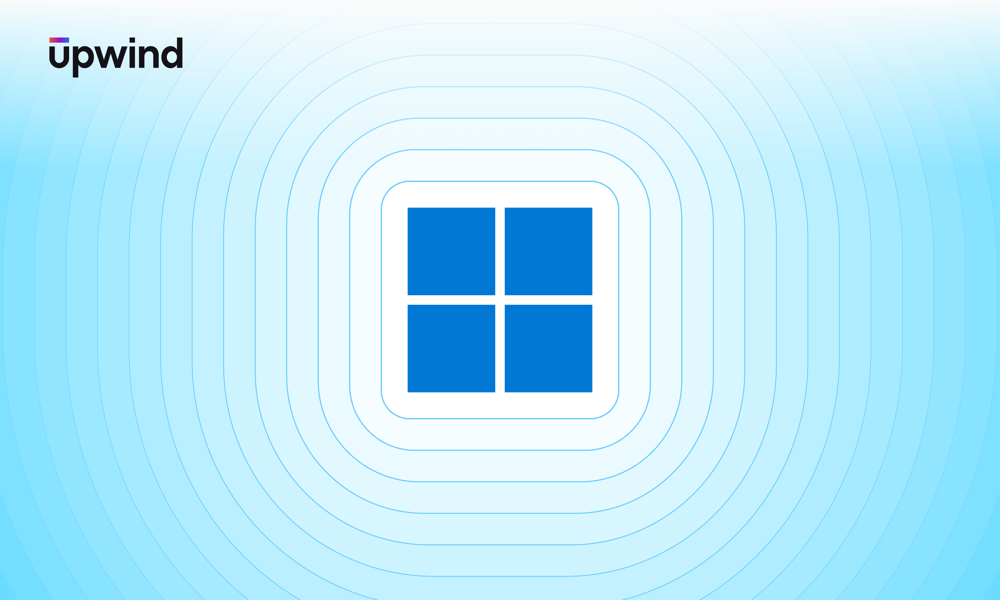 A blue square window icon with four panes is centered against a light blue gradient background with concentric lines. The word upwind appears in the top-left corner.