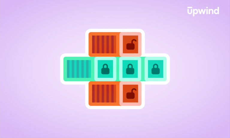 An illustration of a grid with blocks featuring padlock symbols, some locked and others open, highlights container security. The soft purple background adds depth, while the term "upwind" graces the top right corner, hinting at the question: What Is Container Security?