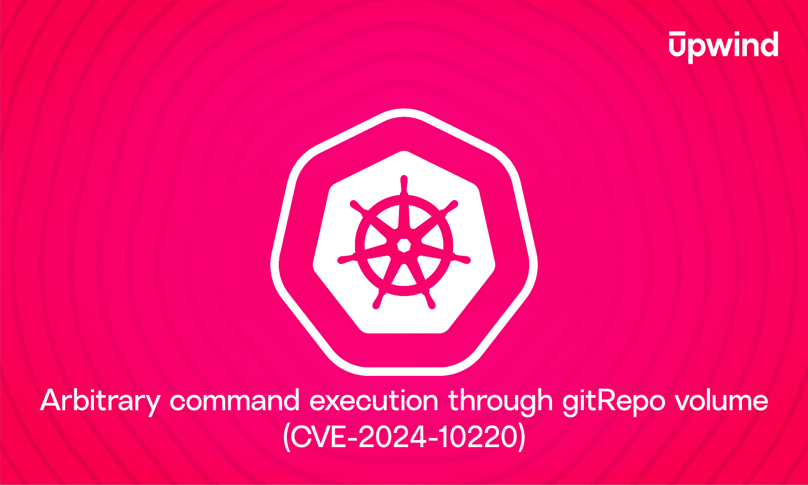 White Kubernetes logo on a pink background with circular patterns. Text below reads, Arbitrary command execution through gitRepo volume (CVE-2024-10220).