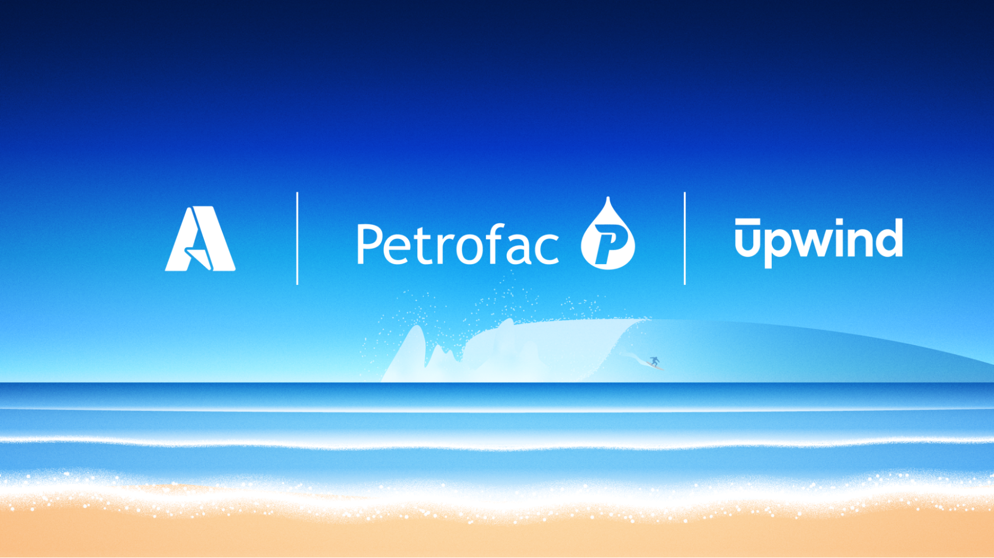 Logos of three companies are displayed with a stylized beach backdrop. The beach has waves and golden sand under a bright blue sky.