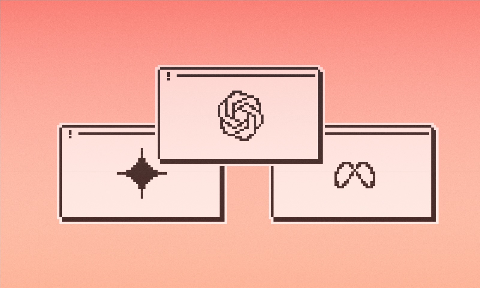 Three stylized web browser windows showing AI scams via popular AI tools.