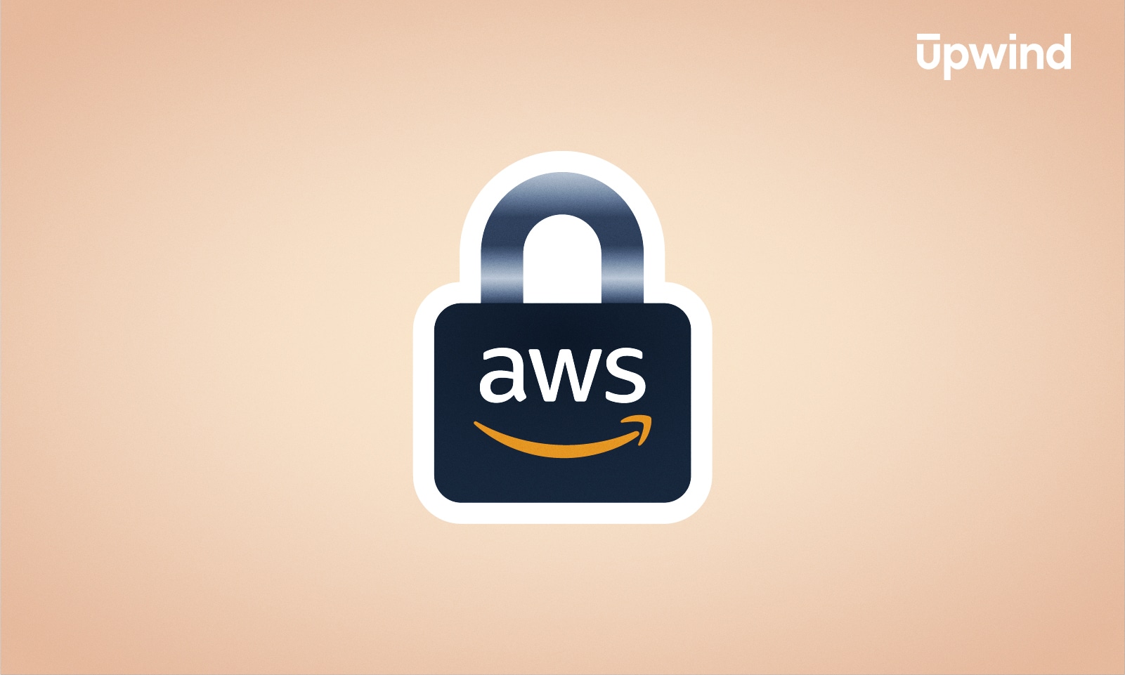Illustration of a padlock with the AWS logo, featuring the Amazon smile underneath. The background is beige, and the word Upwind appears in the top right corner, symbolizing AWS Security Explained in a visually engaging way.