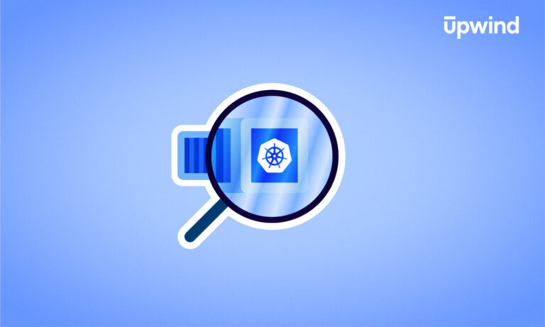 Illustration of a magnifying glass hovering over a Kubernetes logo, set against a blue gradient background. The word upwind appears in the top right corner, subtly hinting at using Kubernetes audit logs for enhanced DevSecOps strategies.