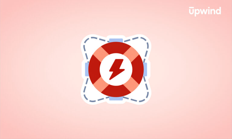 A red and white lifebuoy featuring a lightning bolt symbol at its center is enclosed by a dotted line square with blue capsule corners on a pink gradient background. In the upper right corner, the intriguing question What is Runtime Security? complements the design above the word upwind.