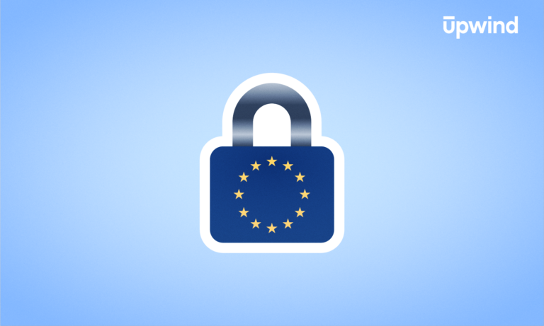 A padlock adorned with the European Union flag stands prominently on a blue gradient background, symbolizing security. In the top right corner, Upwind invites you to explore further, perhaps asking, What is the Digital Operational Resilience Act (DORA)?.