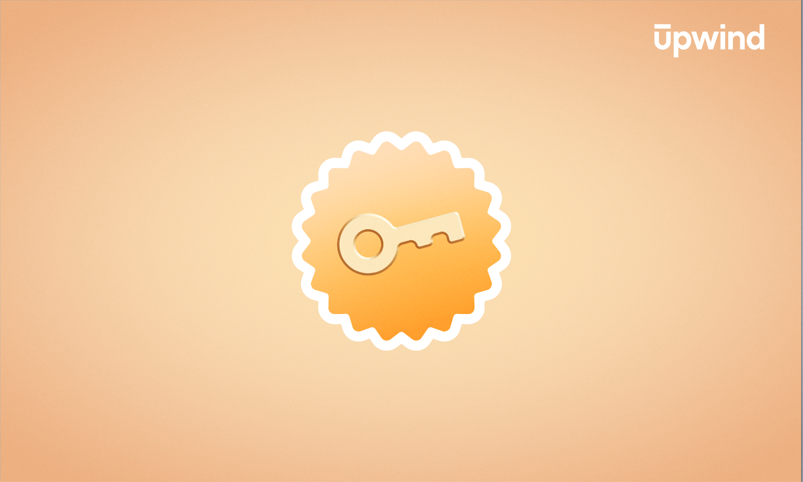 A stylized yellow key inside a circular badge with scalloped edges set against a soft orange background subtly hints at the concepts like SAST vs SCA. The word Upwind is visible in the top right corner, adding an air of mystery.