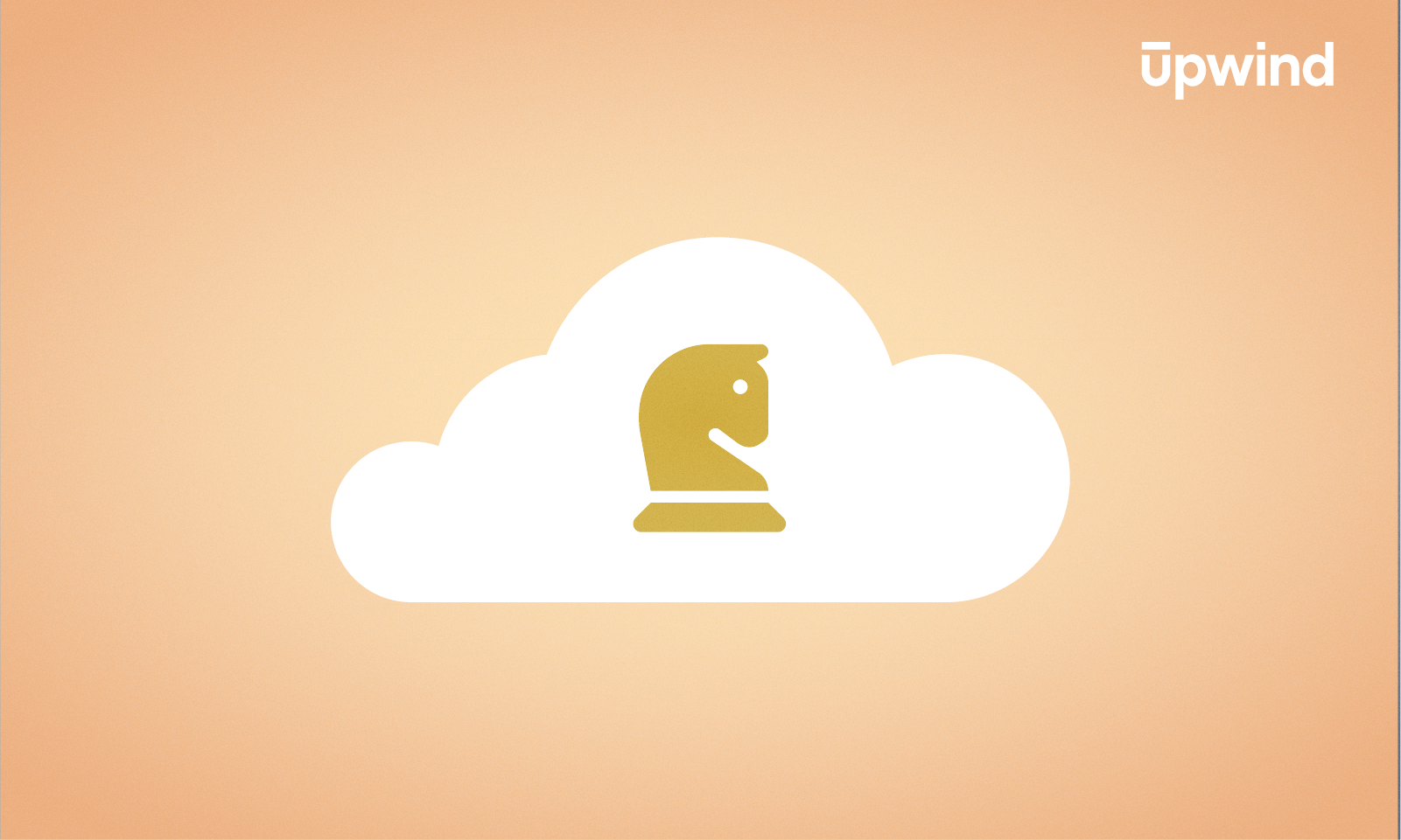 A white cloud with a gold knight chess piece icon sits gracefully against a peach background, symbolizing the essence of a robust Cloud Security Strategy. The word upwind elegantly adorns the top right corner, completing the designs harmonious balance.