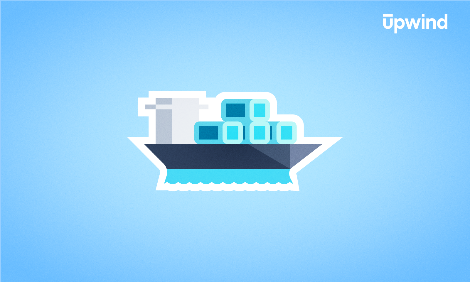 Illustration of a cargo ship with turquoise containers on a blue background, showcasing a simple, geometric style. The word Upwind floats in the top right corner, symbolizing navigating through digital seas much like how Kubernetes Alternatives steer software deployments.