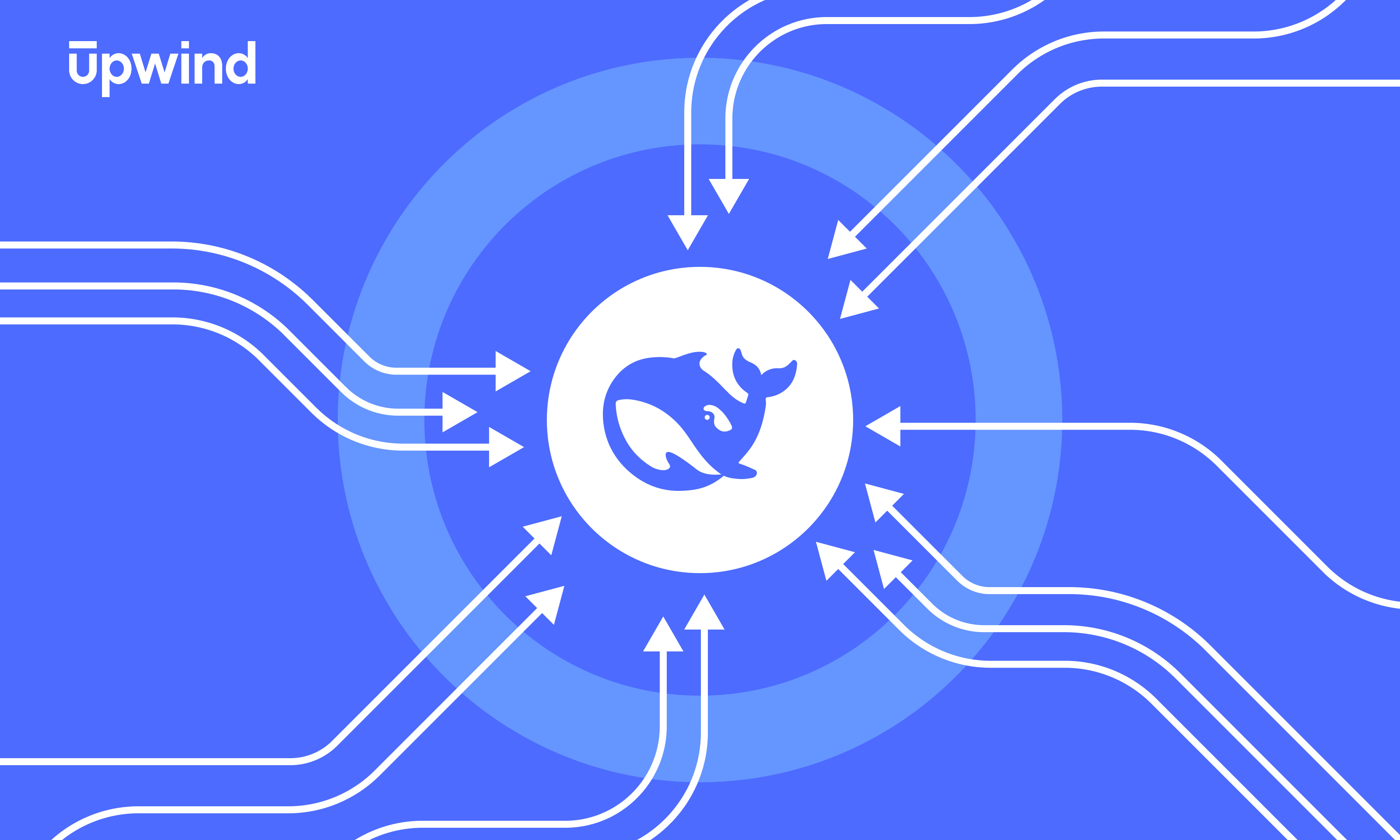 Blue and white digital graphic with a central circle featuring a whale icon. Multiple white arrows point toward the circle from all directions. The word Upwind is in the top-left corner. Background features concentric circles.