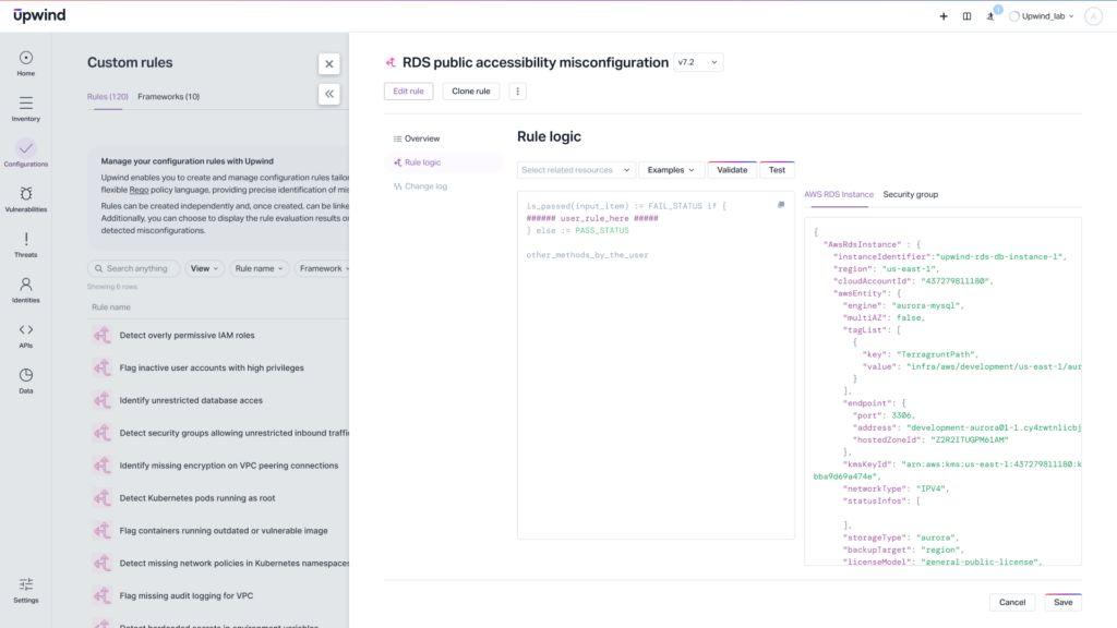 Screenshot of a web application interface showing a custom rules feature. The interface includes a sidebar with multiple rule categories, and a main section displaying rule logic and related data. The active section is RDS public accessibility misconfiguration.