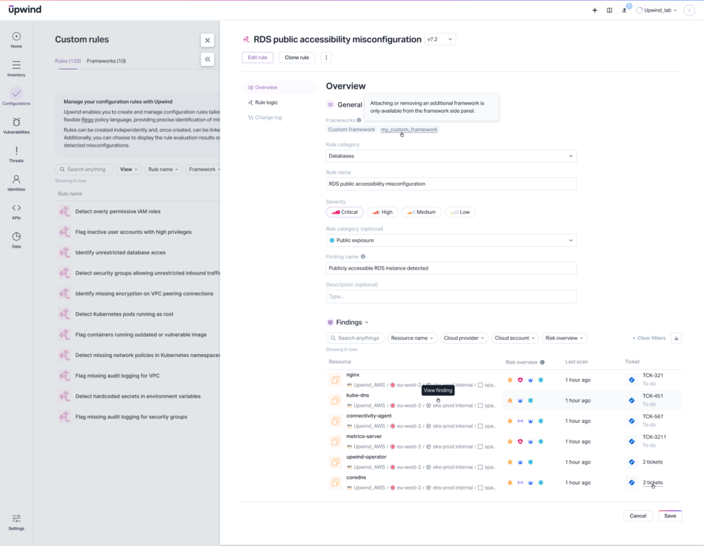 Screenshot of a web application interface showing custom rules for RDS public accessibility misconfiguration. The overview includes details, severity levels, and a list of findings with colored severity indicators. Options for editing and saving are visible.