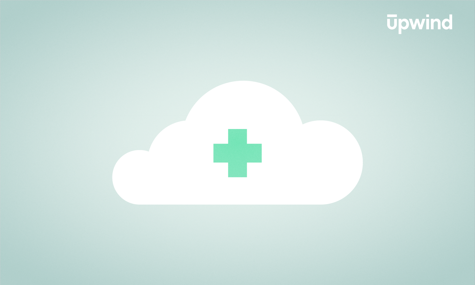 A white cloud with a green medical cross inside, set against a light blue background, embodies the essence of HIPAA Cloud Security Compliance. In the top right corner, the word Upwind elegantly floats.