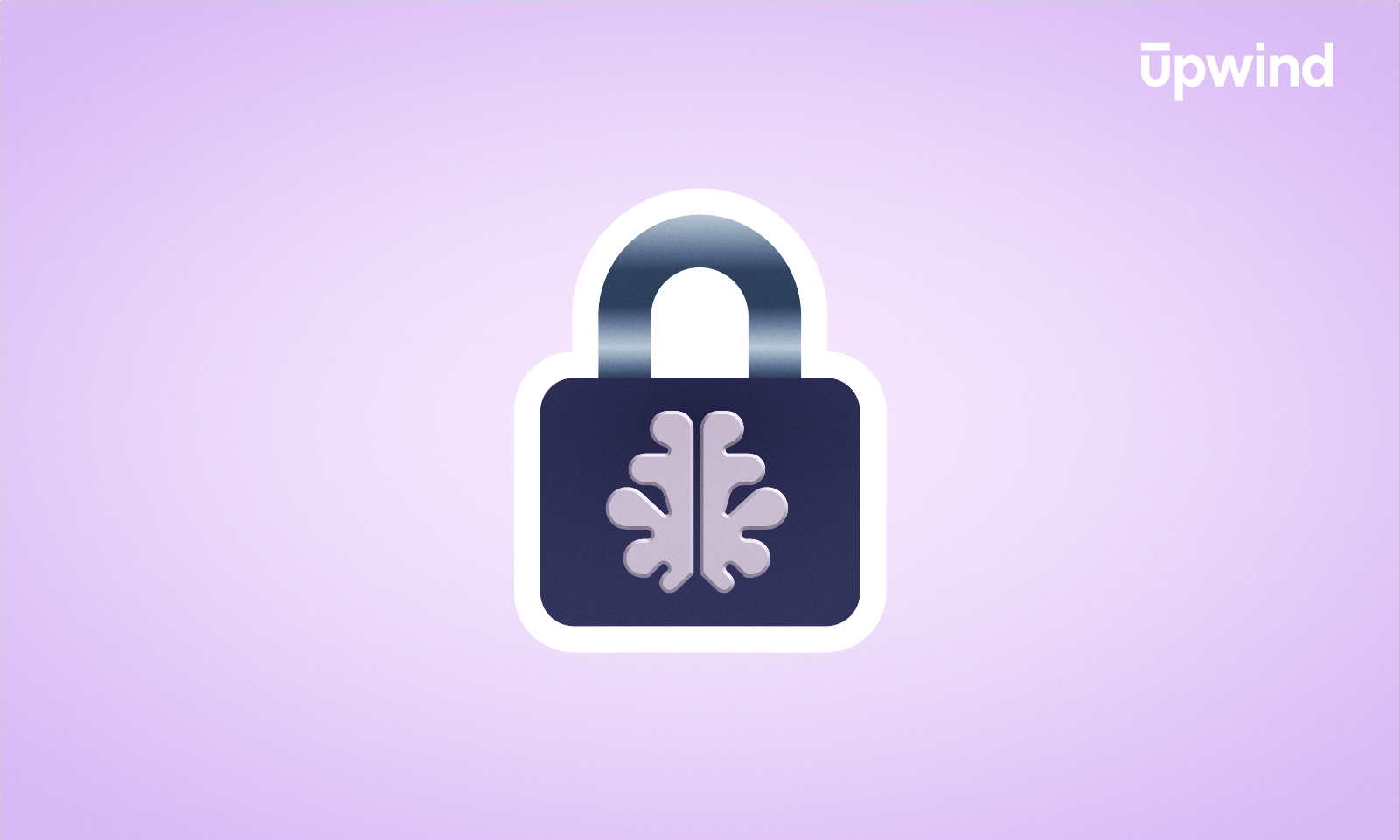 A padlock featuring a brain symbol at its center, representing AI security, stands out against a light purple background. The logo upwind is elegantly positioned in the top right corner.